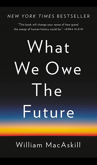 Cover of What We Owe the Future, black background fading to sunset colors on bottom